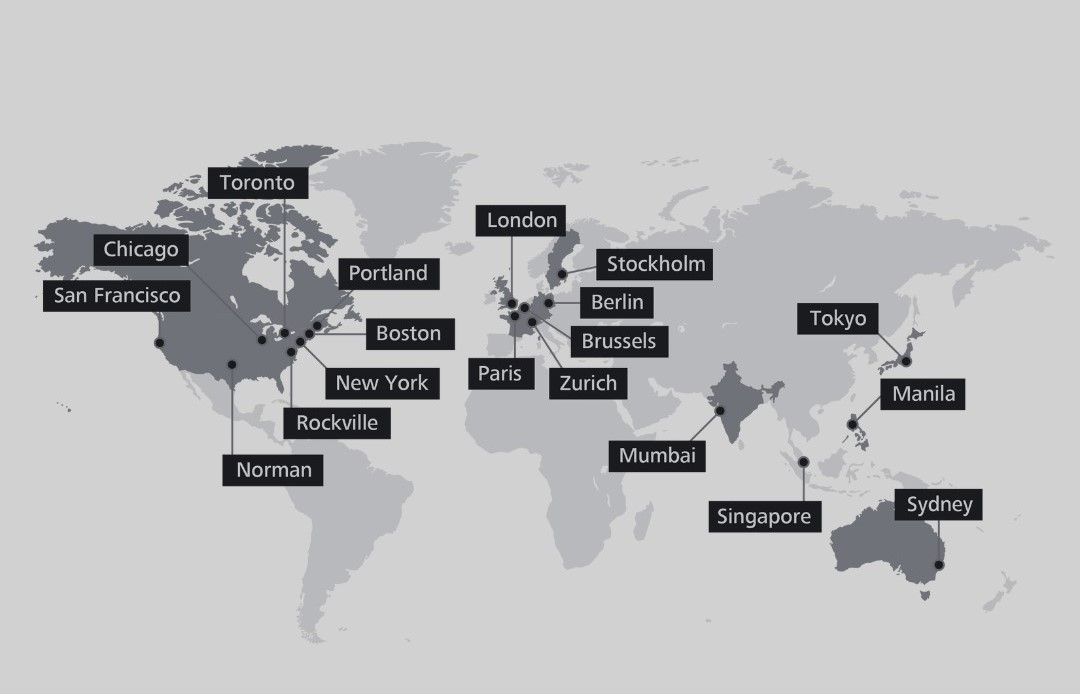 A world map showing pins in multiple countries